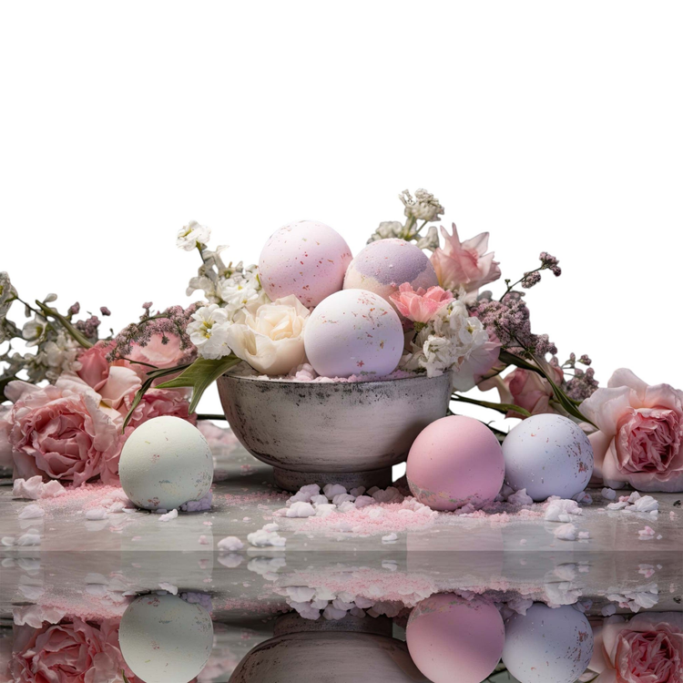 Me&T Bath Bombs in a bowl with soft pink flowers reflecting in a mirror