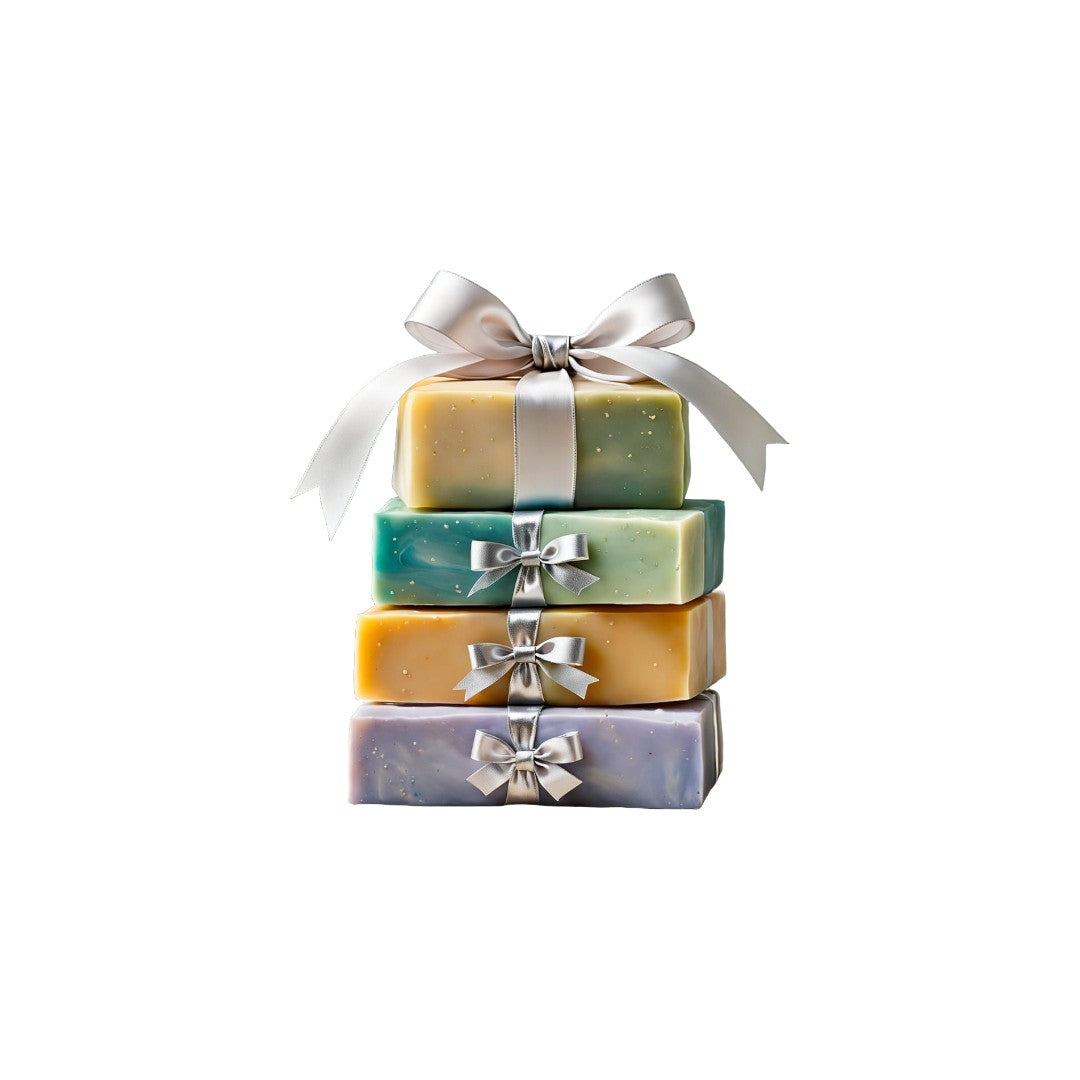 Image of gift soaps tied with silvery satin ribbon